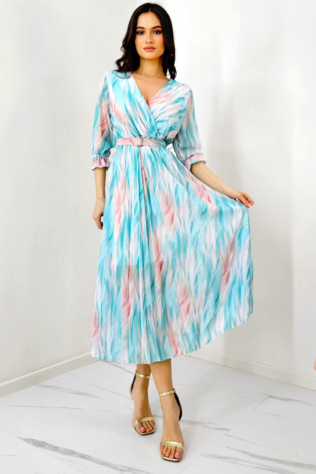 Rochie de zi Fatima, croiala plisata si imprimeu pastelat, Turquoise, Marime S/M - 2 | YEO