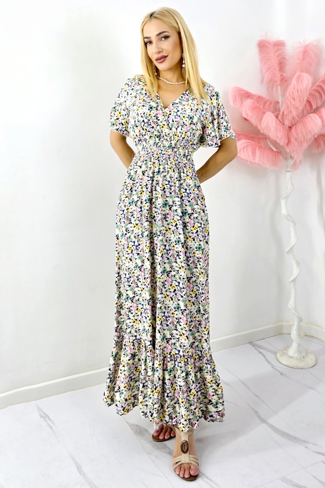 Rochie de zi Mandinga, din bumbac, cu imprimeu floral, Verde Petunia - 3 | YEO