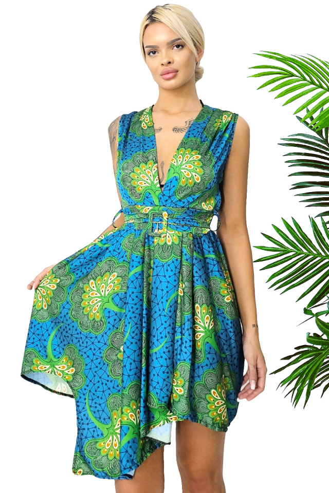 Rochie de zi Matilda, croiala asimetrica si cordon in talie, Peacock, Marime S/M