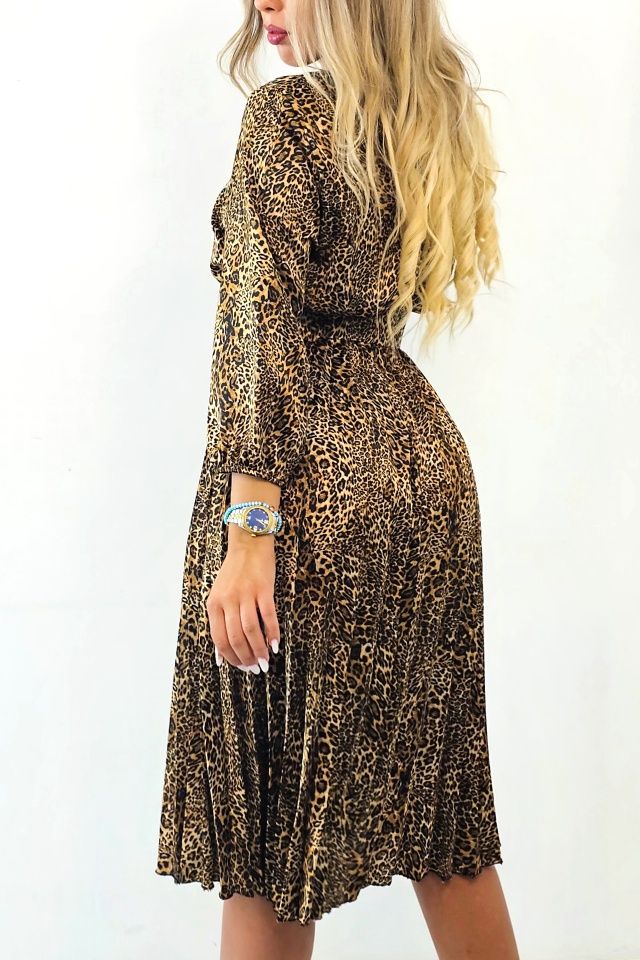 Rochie de zi plisata LUSINDA, cu animal print si curea, Jaguar, Marime S/M