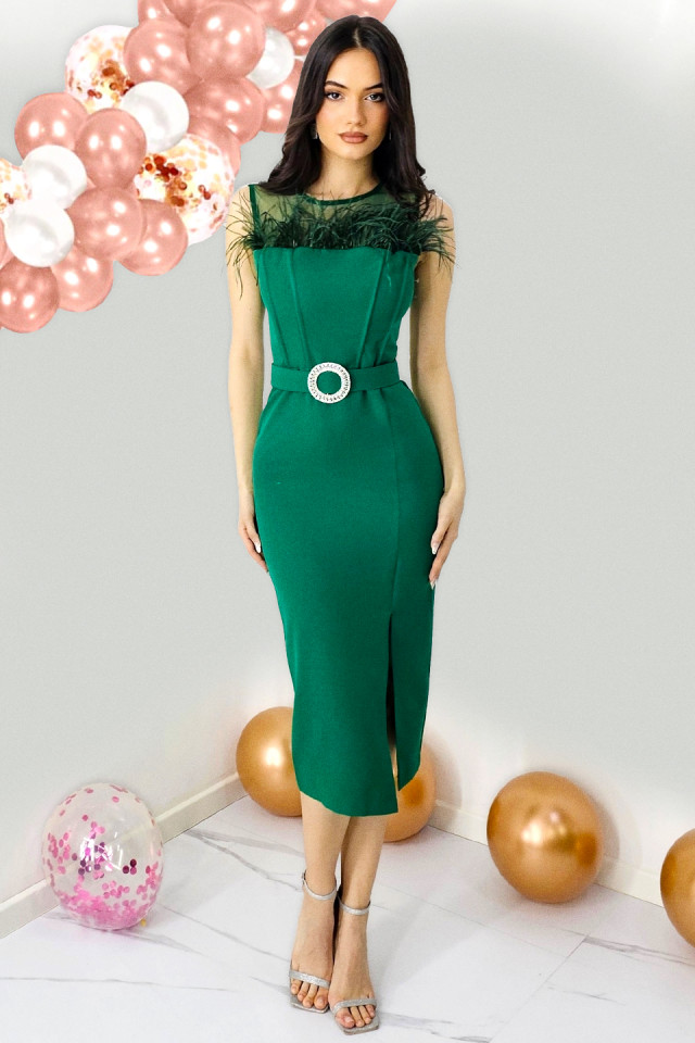 Rochie eleganta din bumbac, Naisha, cu pene naturale si crapatura laterala, Verde