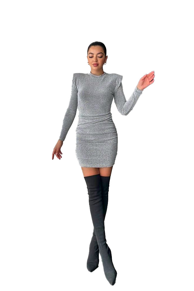 Rochie eleganta MiraBELL, bodycon si croi cu umeri supradimensionati, Argintiu