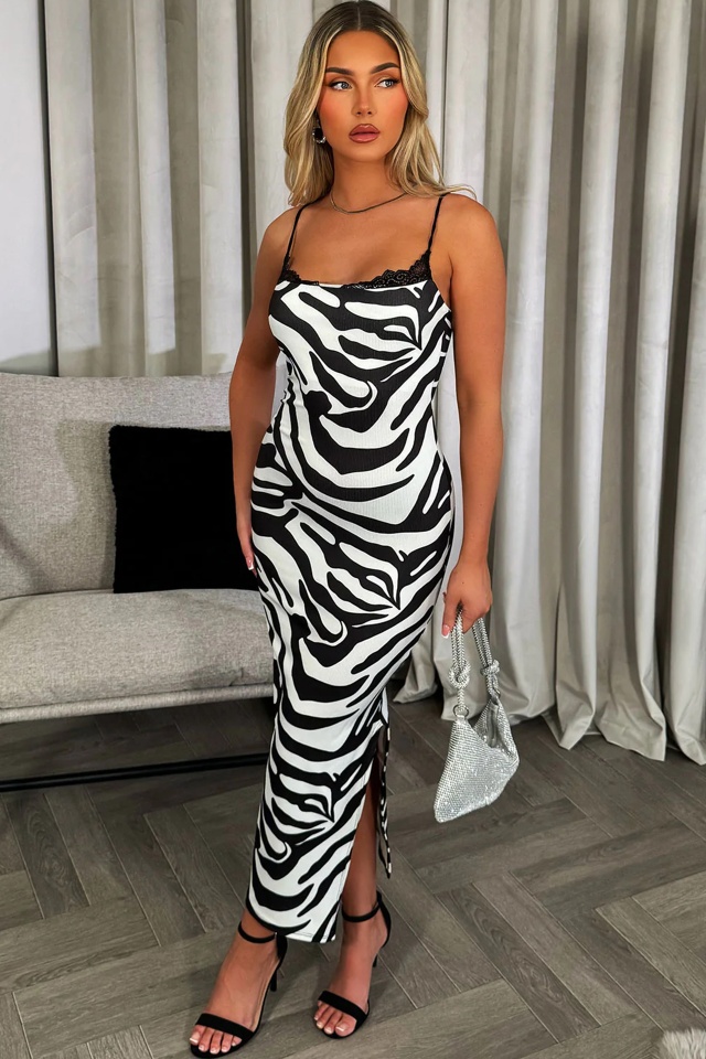 Rochie eleganta SUAVE, imprimeu animal print si insertii cu dantela, Zebra, Marime S/M