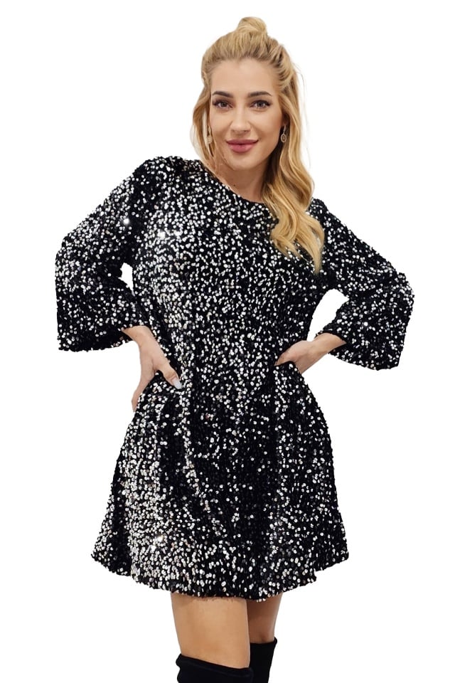 Rochie evazata scurta Tamina, cu paiete si fundita oversize la spate, Argintiu, Marime S/M