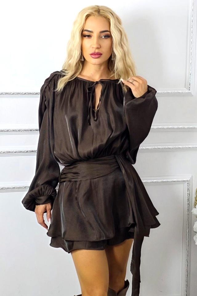 Rochie evenimente de zi StardeLLe, cu efect lucios si volane, Maro, Marimea S/M - 2 | YEO