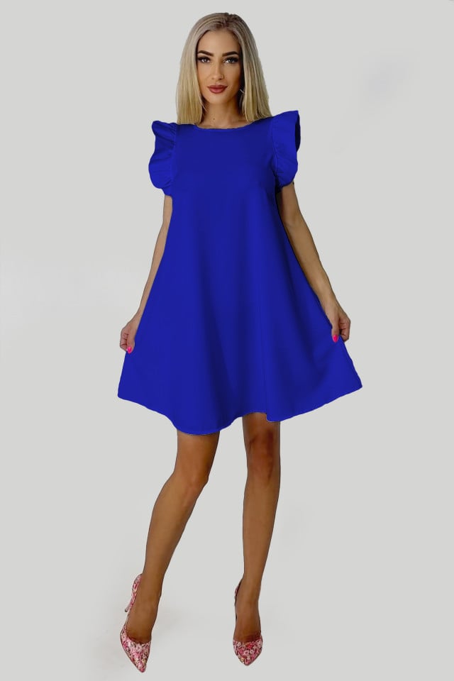 Rochie larga Azzuro, cu umeri bufanti si croiala in A, Albastru indigo, Marime universala S/M/L
