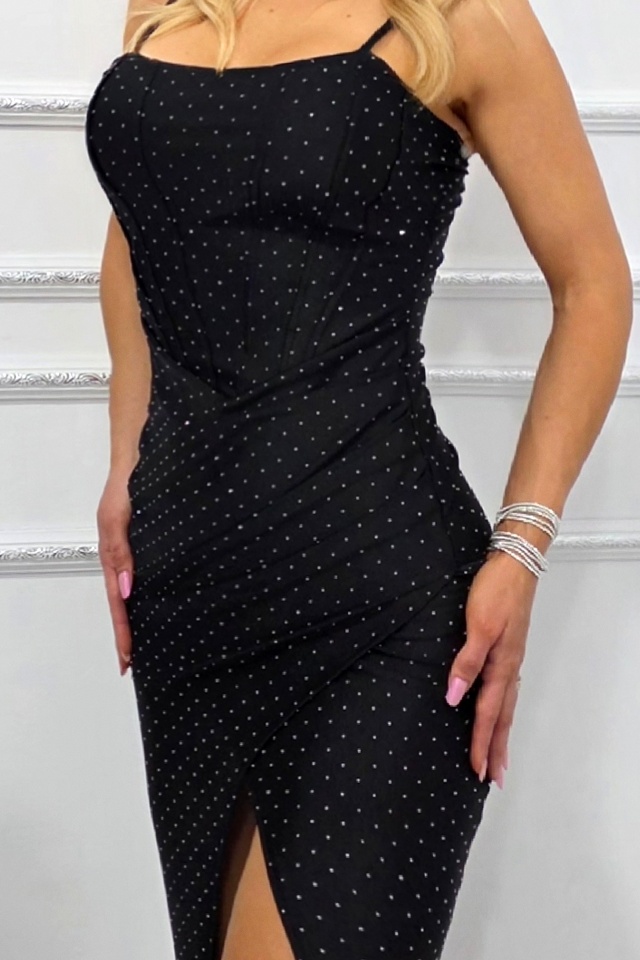 Rochie lunga cu corset, YUMI, cristale si bretele reglabile, Negru, Marime S/M