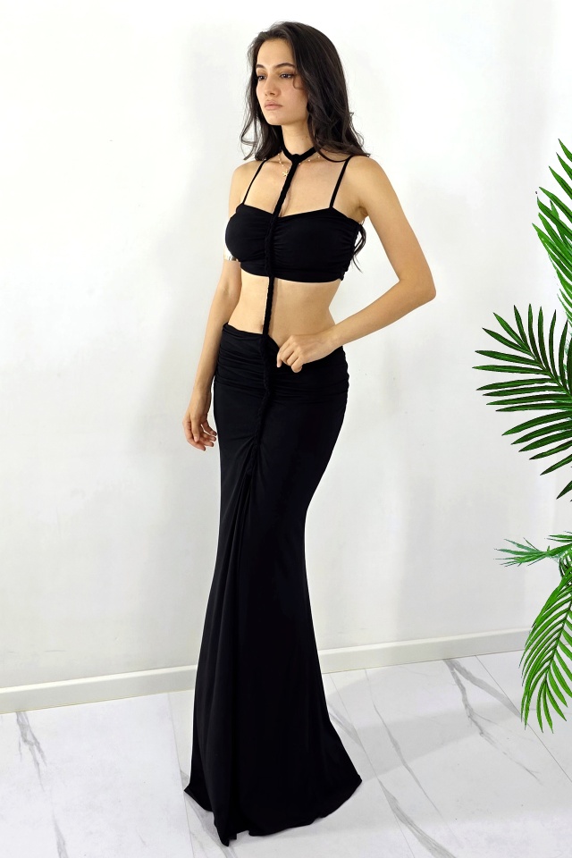 Rochie lunga de vara ELPIRI, croi decupat cu impletituri, Negru, Marime S/M