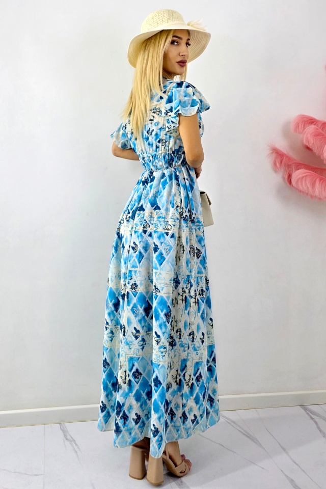 Rochie lunga ISHANI, cu aspect matasos si ciucuri decorativi, Albastru, Marime S/M/L