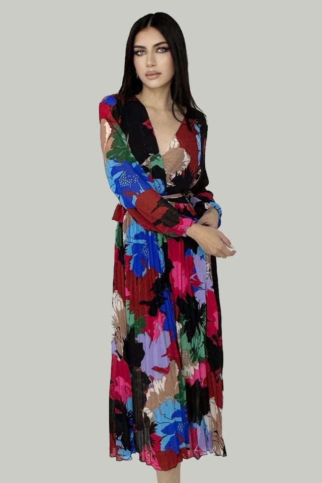 Rochie lunga Kaleya, cu textura plisata, vaporoasa si cordon in talie, Floral scent, Rosu bordo - 2 | YEO