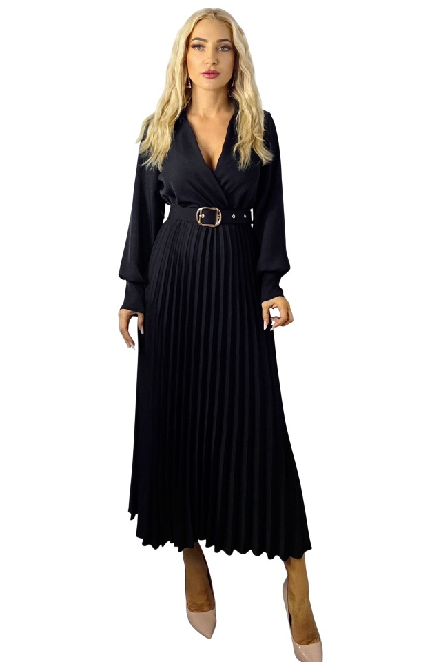 Rochie lunga office NOVARA, curea asortata si revere, Negru, Marime S/M
