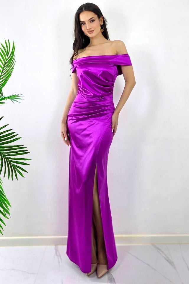 Rochie lunga, petrecuta, de ocazie, DHALIA cu crapatura ampla, MOV, Marime S/M