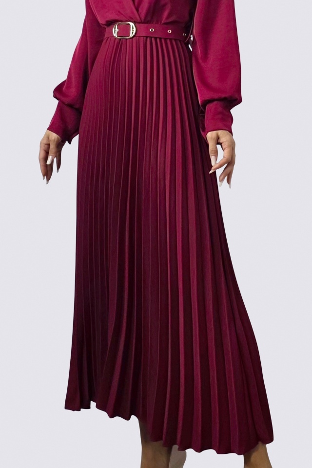 Rochie lunga plisata NOVARA, curea asortata si revere, Rosu Magenta, Marime S/M