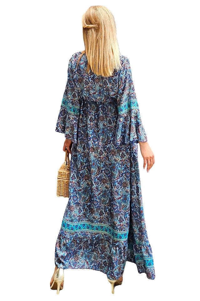 Rochie lunga Sanziana, cu ciucuri, mătase artizanală si maneci evazate, Albastru, Marime S/M/L