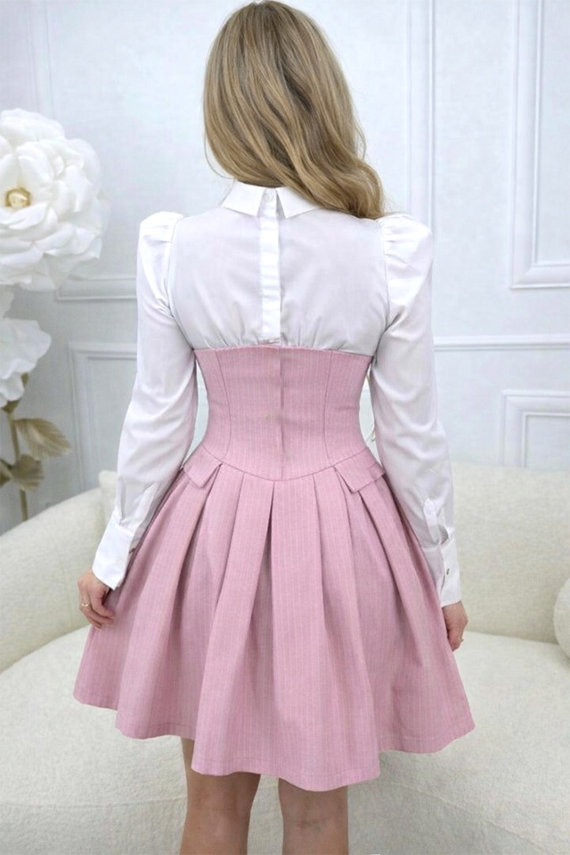 Rochie office tip camasa TOMYNA, bumbac si brosa inclusa, Roz, Marime S/M