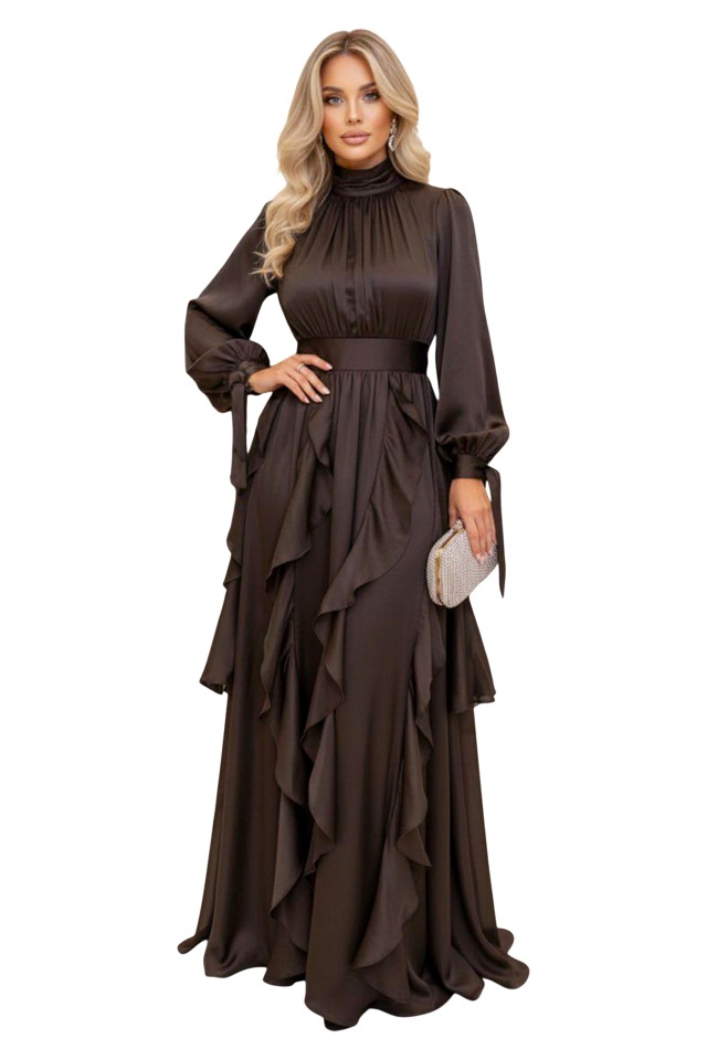 Rochie pentru evenimente Marivelle, cu volane si trena, Maro Ciocolata, Marime S/M