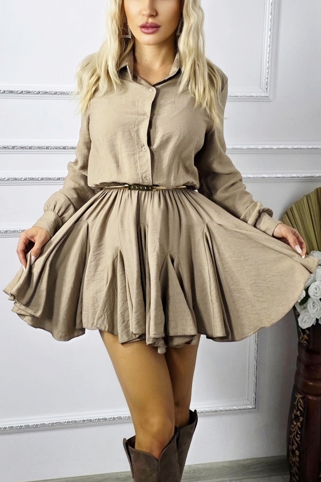 Rochie Peonette, tip camasa cu maneca lunga si volane, Bej, Marime S/M