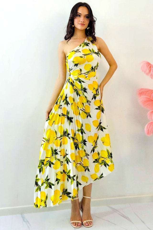 Rochie plisata asimetrica Elza Print, cu decupaj in zona taliei si imprimeu cu lămâi, Galben, Marime S/M