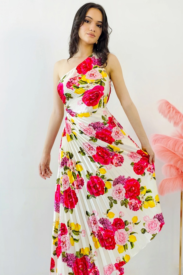 Rochie plisata asimetrica Elza Print, cu decupaj in zona taliei si imprimeu cu lămâi, Lemon Rose, Marime S/M