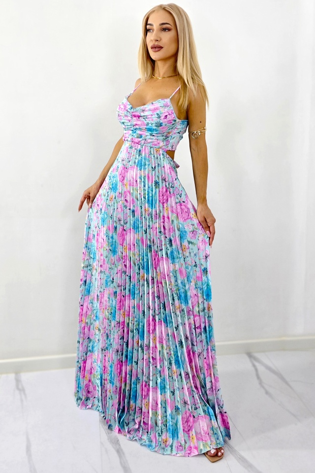Rochie plisata de zi NYSA, cu funda la spate, BLUE/ROZ, Marime S/M