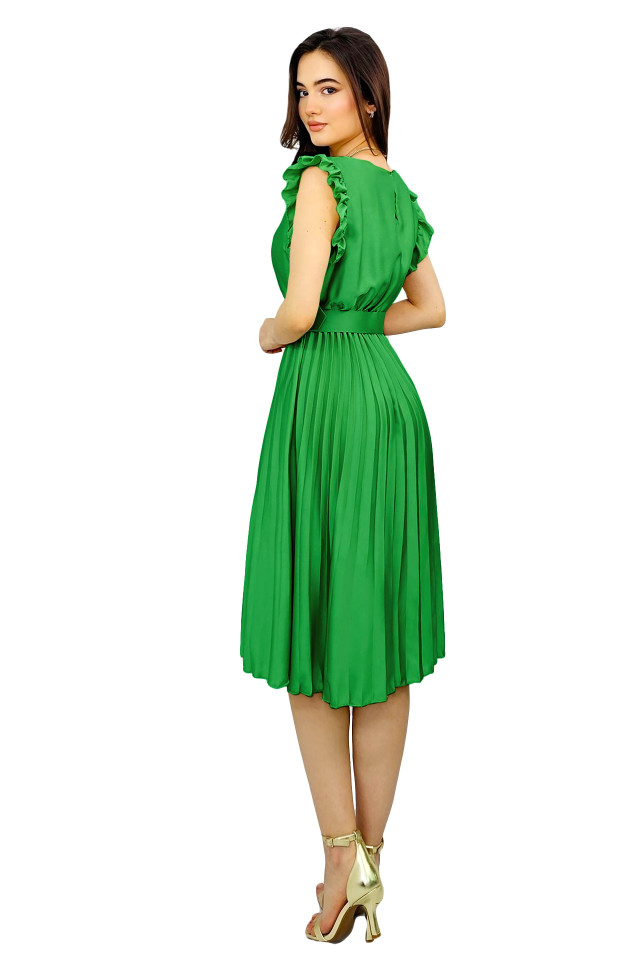 Rochie plisata midi, Elenor, cu volanase si curea asortata, Verde , Marime universala S/M