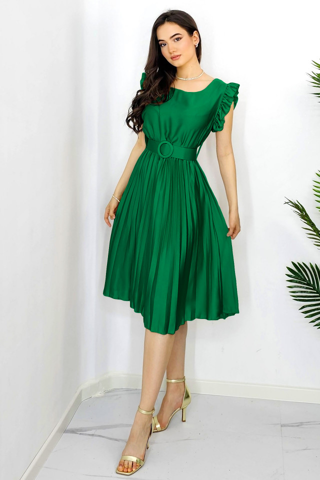 Rochie plisata midi, Elenor, cu volanase si curea asortata, Verde smarald, Marime universala S/M