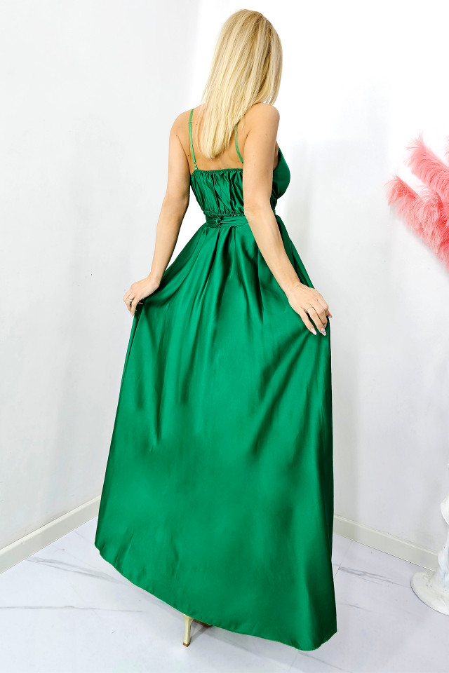 Rochie satinata Jhade, croiala decupata, cordon si bretele subtiri, Verde inchis, Marime S/M