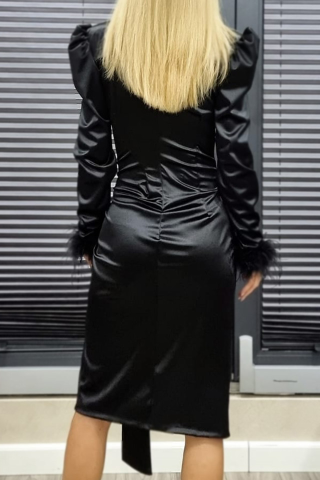 Rochie satinata Marinea, crapatura pe picior, maneci bufante si mansete din puf, Negru, Marime S/M - 3 | YEO