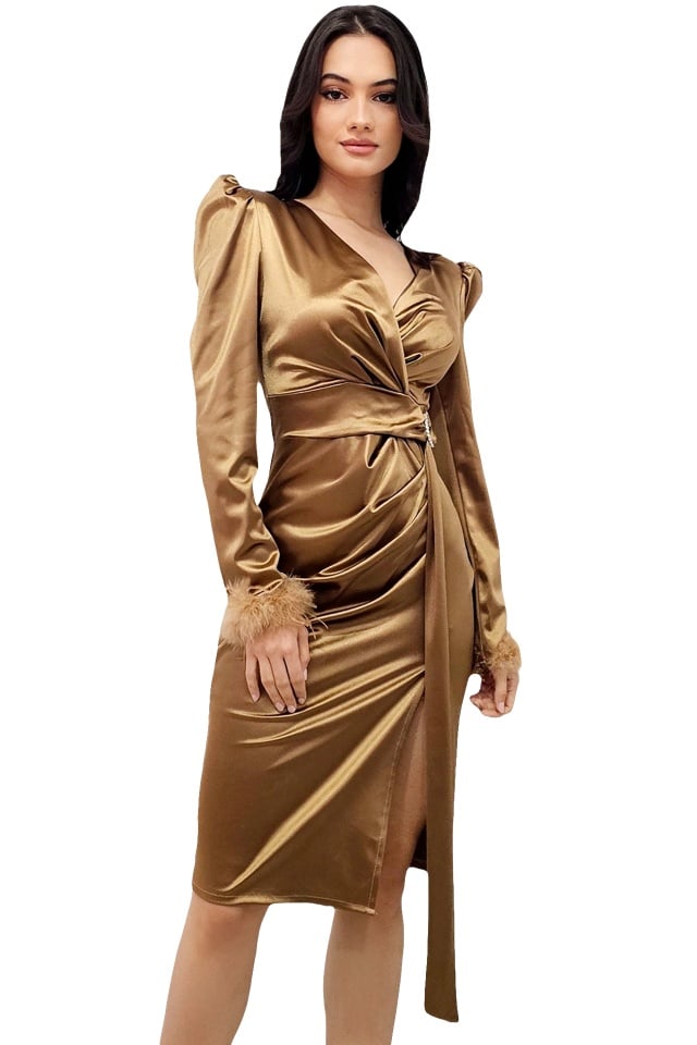 Rochie satinata Marinea, cu crapatura pe picior, maneci bufante si mansete cu puf, Bronz, Marime S/M