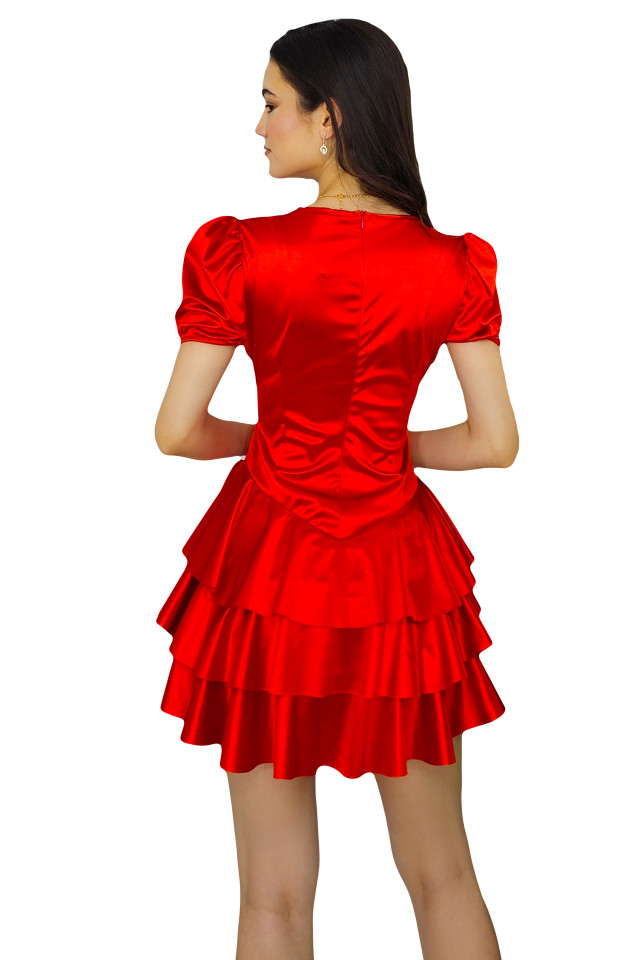 Rochie satinata Thora, cu volane si maneci scurte usor bufante, Rosu, Marime S/M