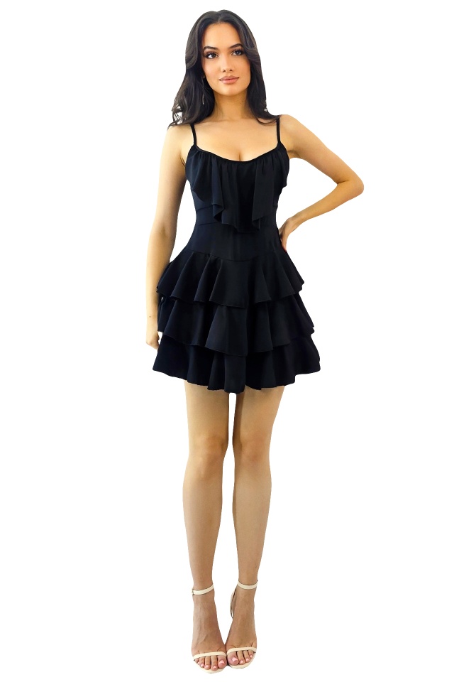 Rochie scurta AUGUSTina, babydoll cu volane asimetrice, Negru, Marime S/M
