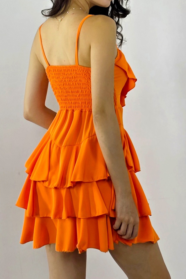 Rochie scurta AUGUSTina, babydoll cu volane asimetrice, Orange, Marime S/M