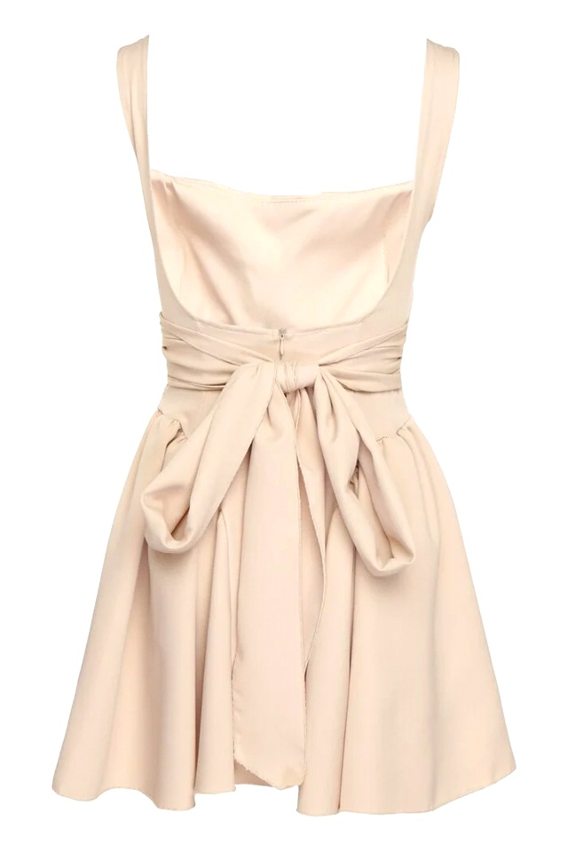 Rochie scurta babydoll MARA, cu spatele gol si funda, Crem, Marime S/M/L