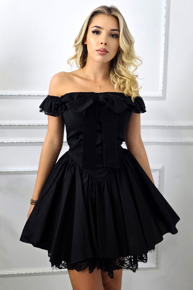Rochie scurta babydoll VYVYE, cu volane si dantela, Negru, Marime S/M