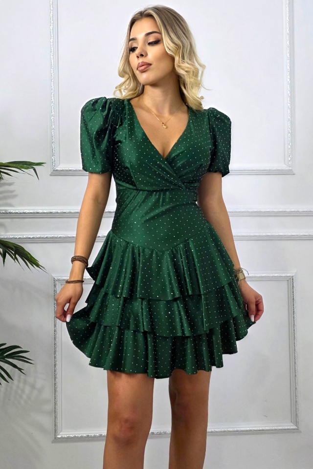 Rochie scurta de ocazie NAYABI, cu volane si cristale, Verde inchis, Marime S/M