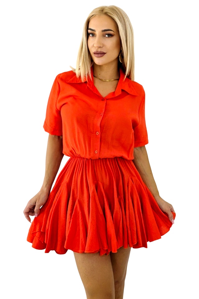 Rochie scurta, de zi, Peony, cu volum si volane, Portocaliu, Marime S/M