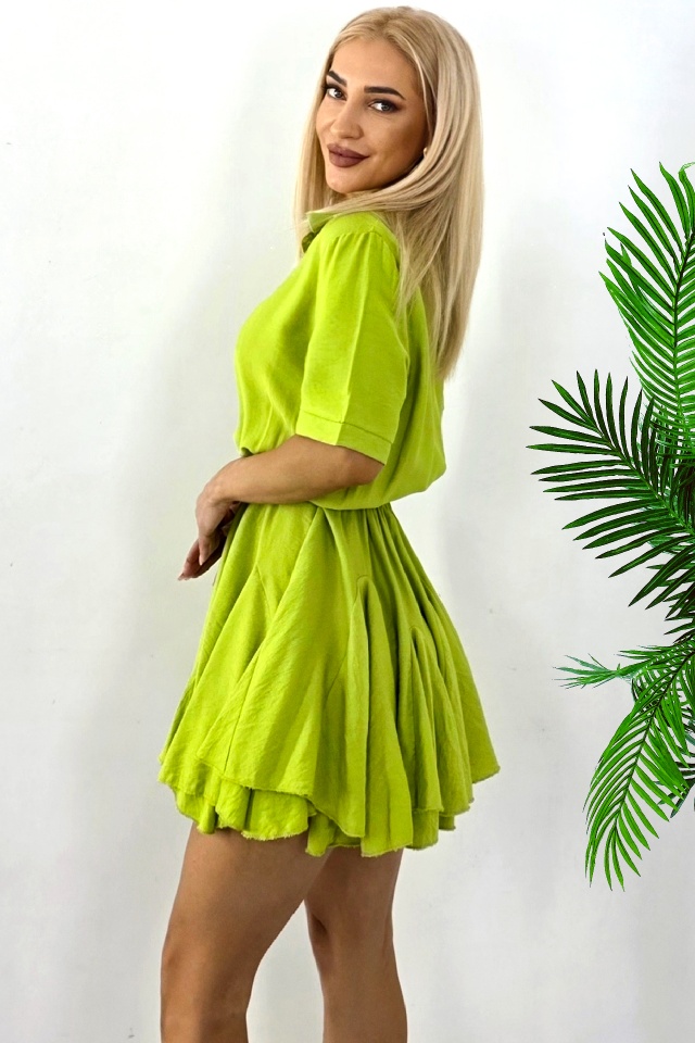 Rochie scurta, de zi, Peony, cu volum si volane, Verde, Marime S/M