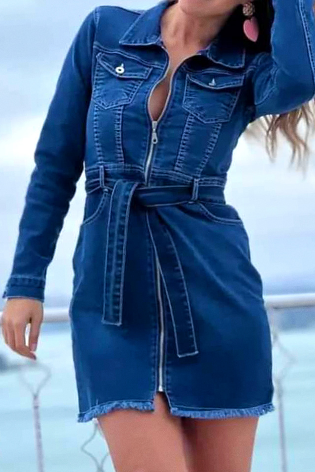 Rochie scurta Deniza, din denim elastic, cu fermoar si cordon, Albastru