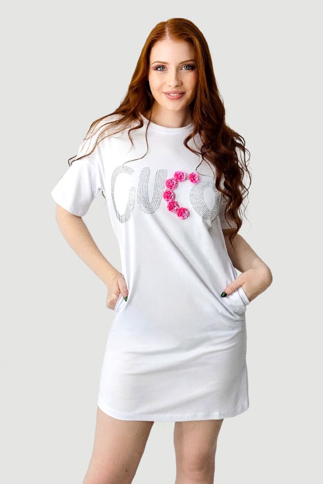 Rochie sport Karolyn, cu buzunare si strasuri, Roses Alb