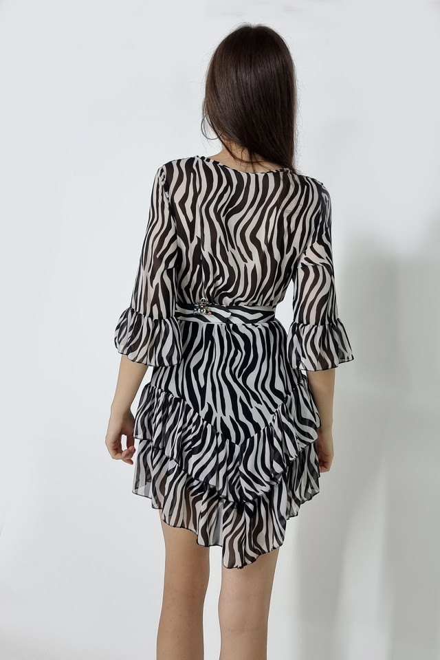 Rochie vaporoasa Evelina, din voal, maneca trei sferturi si curea inclusa, Animal print zebra, Marime universala S/M