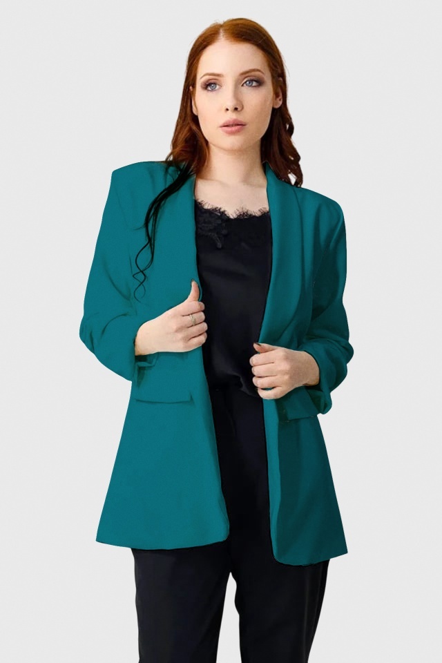 Sacou business Alessia, cu buzunare decorative, Turquoise, Marime S/M