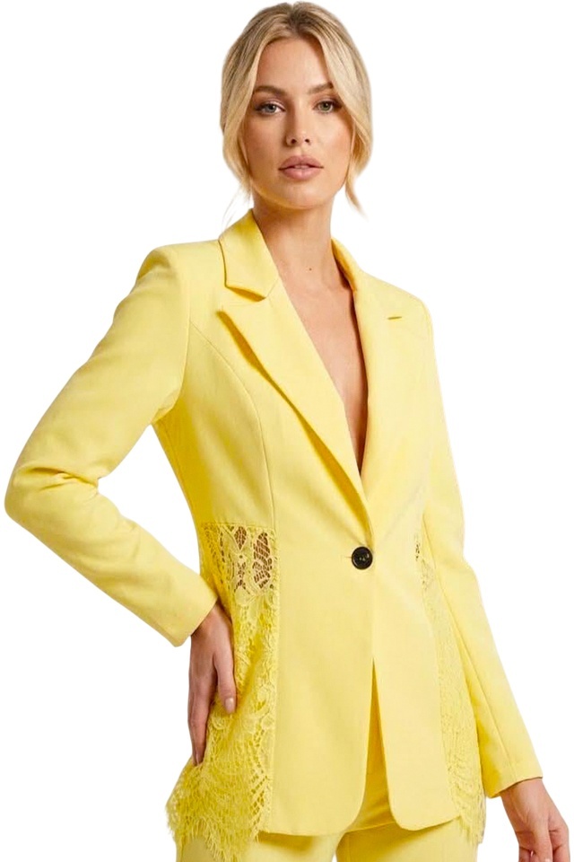 Sacou cambrat, de ocazie, Roselle, cu panou asimetric din dantela, Galben, Marime S/M