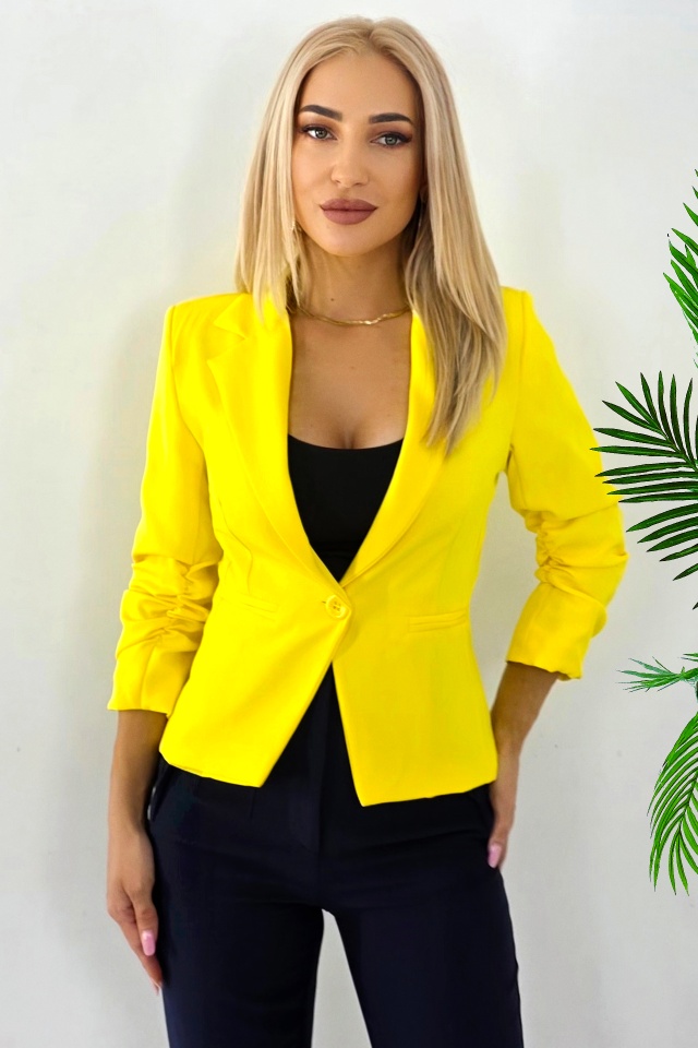 Sacou elegant Gisela, maneca cu fronseu si croi scurt, Galben - 3 | YEO