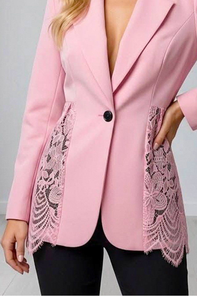 Sacou elegant Roselle, cu panou asimetric din dantela, Roz, Marime S/M