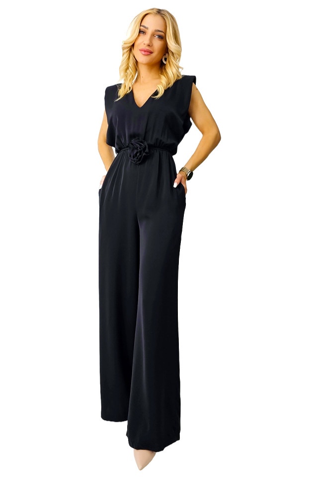 Salopeta eleganta Cecille, cu pantalon lung, Large si detaliu floral, Negru, Marime S/M - 2 | YEO