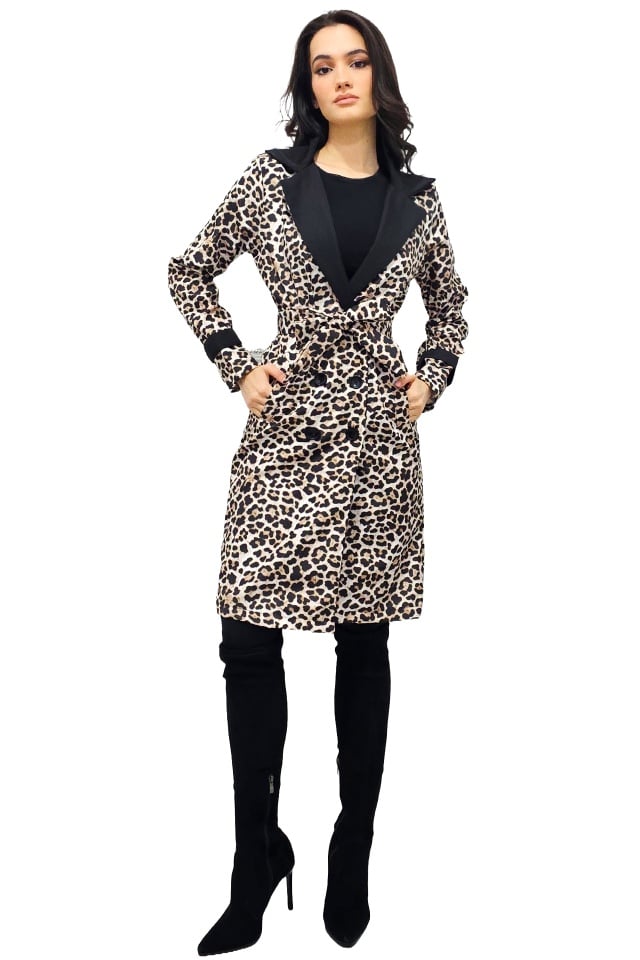 Trenci animal print Viviane, cu revere contrastante si cordon asortat, Bej Leopard