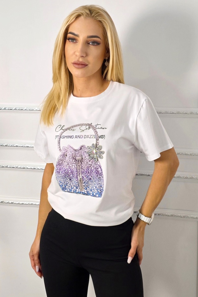 Tricou bumbac NOREA, cu imprimeu fashion si cristale, PURSE Alb, Marime S/M - 3 | YEO