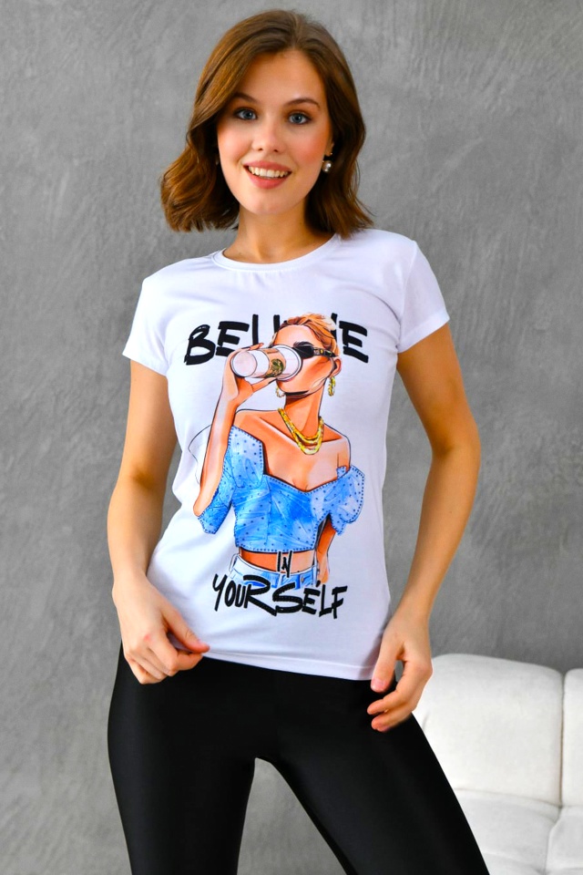 Tricou dama Graphic Story, cu imprimeu realist si cristale asortate, Belive Yourself