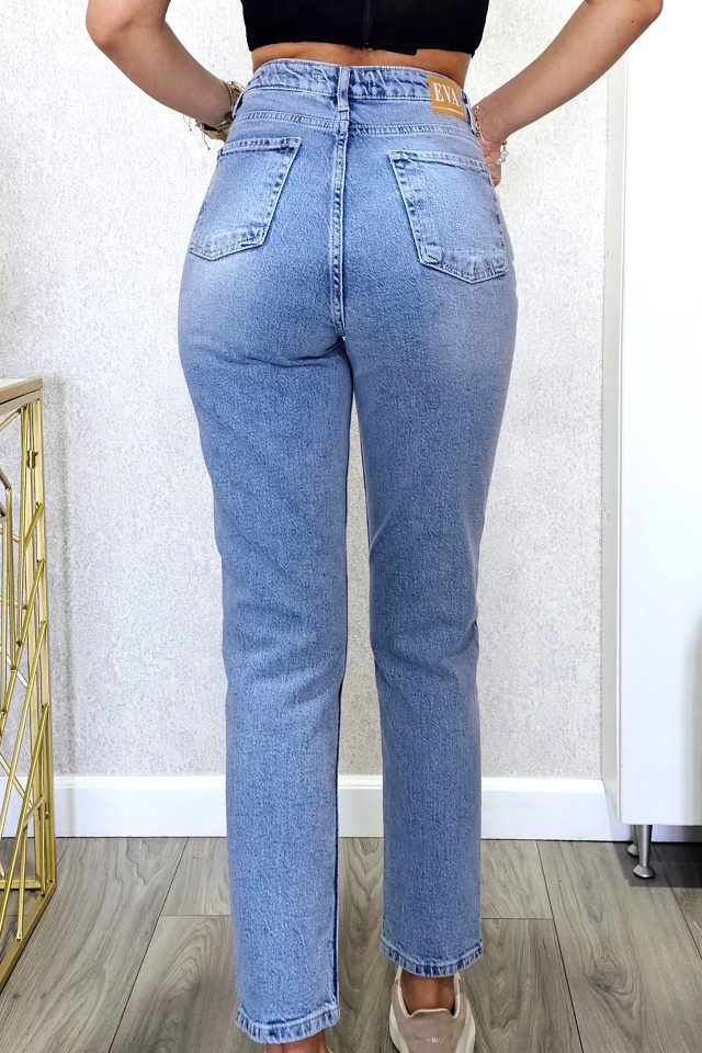 Blugi boyfriend PACIFYC, cu textura usor elastica si talie inalta, Albastru senin