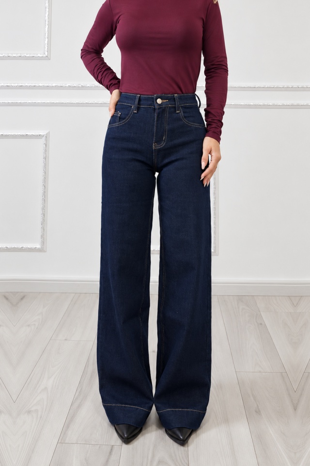 Blugi dama LYSENIA wide leg, cu talie inalta si croi larg, Albastru inchis — imaginea 2